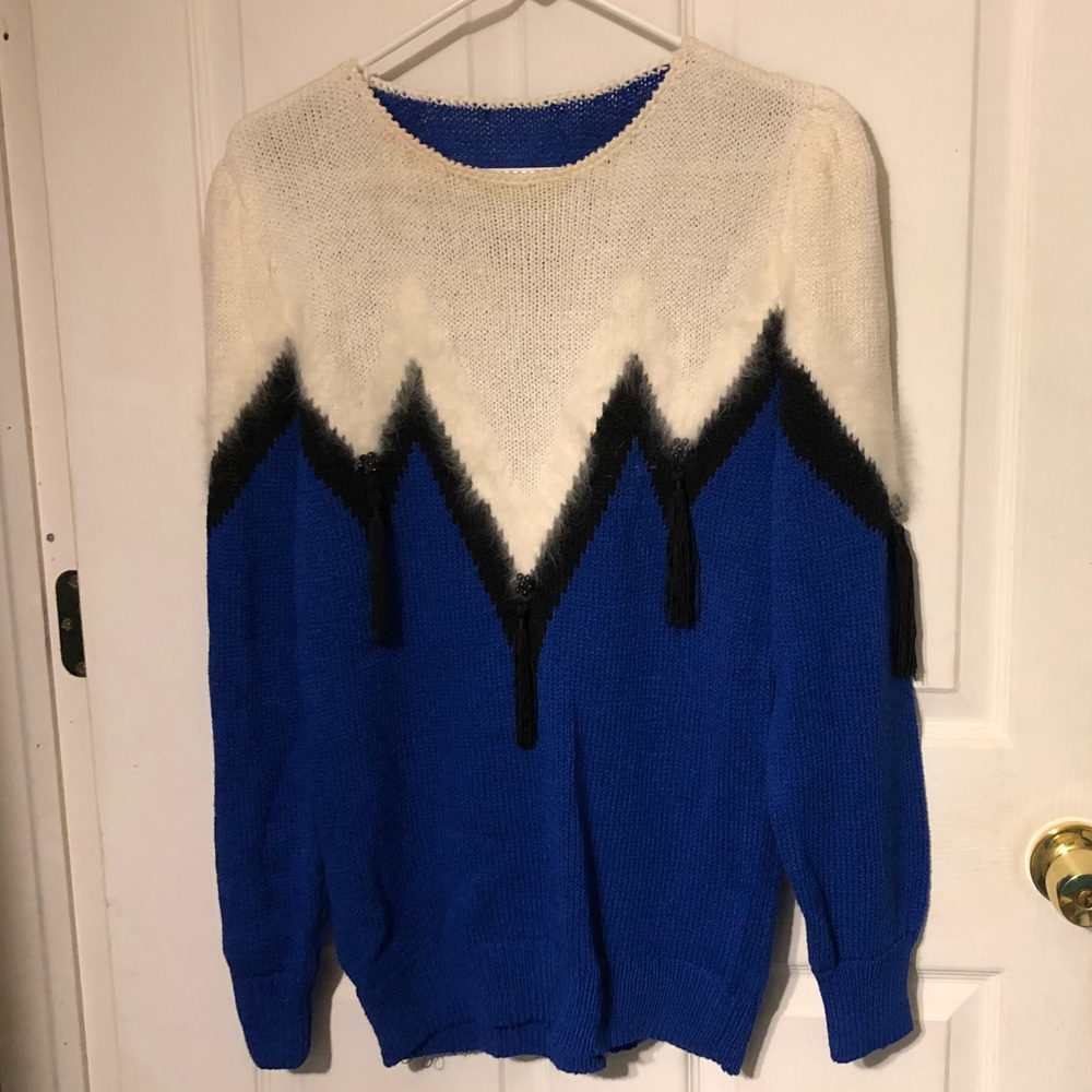 Unknown Blue, White & Black Tassel Sweater w/Fluff